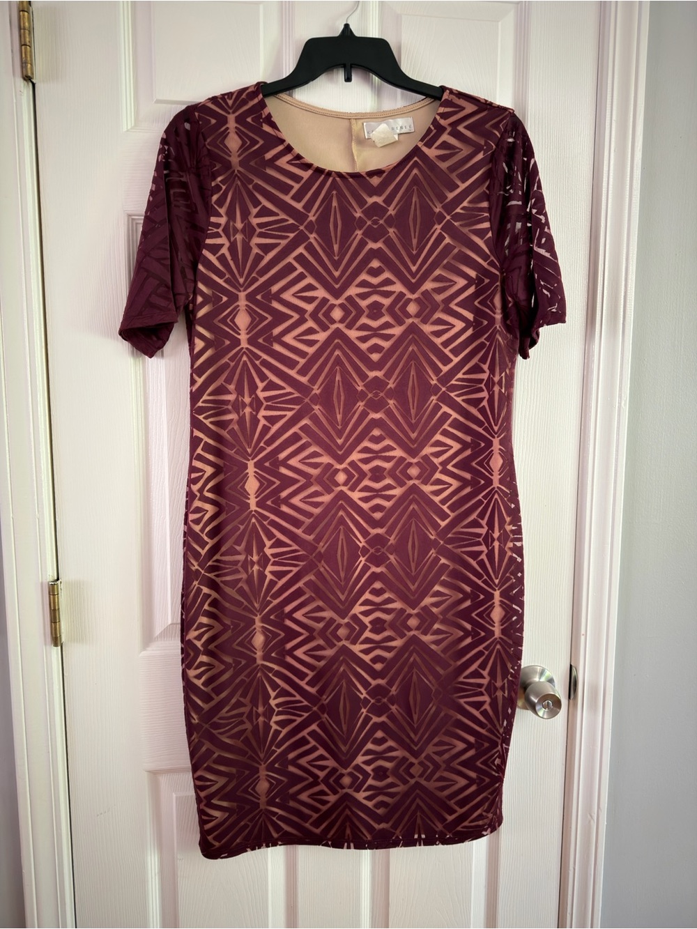 Geo-Print Midi Sheath Dress in Burgundy